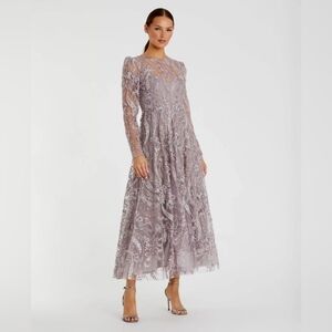 Mac Duggal Mauve Lace Beaded Long-Sleeve A-Line Gown